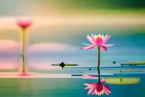 rosado loto flor en el agua con hojas. generado por ai foto