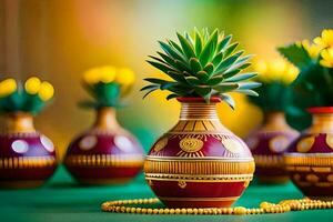 a group of colorful vases with a pineapple plant in them. AI-Generated photo