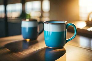 two blue coffee mugs sitting on a wooden table. AI-Generated photo