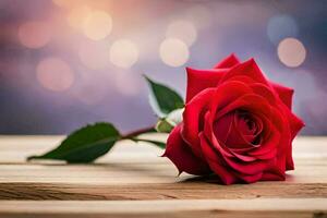 a single red rose on a wooden table. AI-Generated photo