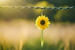 a sunflower hanging from a wire in a field. AI-Generated photo