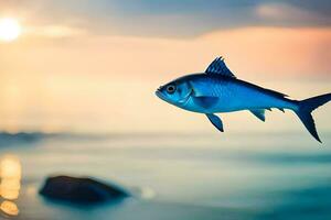 un pescado es volador terminado el Oceano a puesta de sol. generado por ai foto