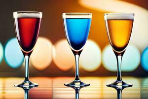 three glasses of colored liquid are lined up on a table. AI-Generated photo