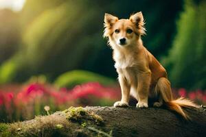 a dog sitting on a rock in a field. AI-Generated photo