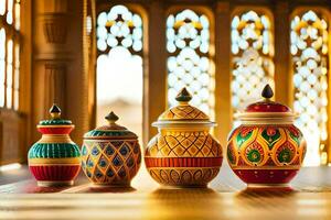 five colorful ceramic jars on a table. AI-Generated photo