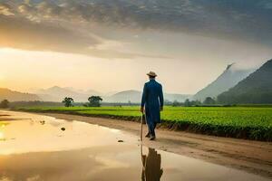 a man in a blue suit walks through a puddle in a rice field. AI-Generated photo