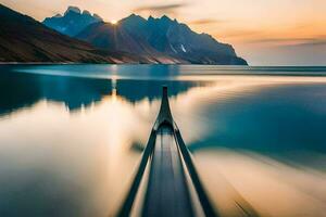 a canoe is in the water at sunset with mountains in the background. AI-Generated photo