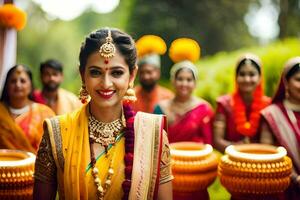 a woman in traditional indian attire with her bridesmaids. AI-Generated photo