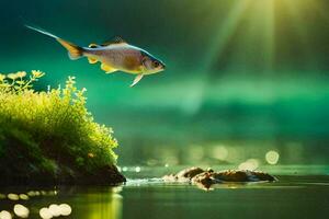 a fish is flying over a pond in the morning. AI-Generated photo