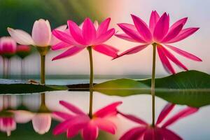 rosado loto flores en el agua con un reflexión. generado por ai foto