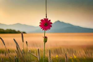 a pink flower stands in the middle of a field. AI-Generated photo