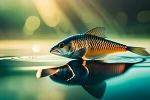 a fish is floating on the water with sunlight shining on it. AI-Generated photo