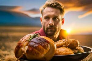 un hombre es participación un plato lleno de alimento. generado por ai foto