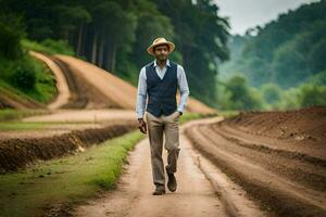 a man wearing a hat and vest walking down a dirt road. AI-Generated photo