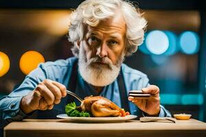 an older man with a beard and glasses is eating a chicken dinner. AI-Generated photo