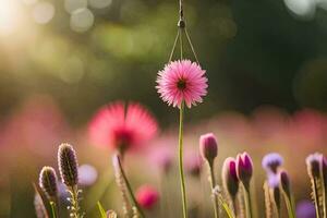pink flowers in a field with sunlight shining through. AI-Generated photo