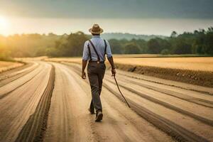 un hombre caminando abajo un suciedad la carretera con un caña. generado por ai foto