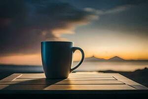 coffee cup on a table in front of the sunset. AI-Generated photo