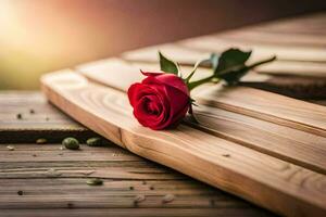 a single red rose sits on top of a wooden table. AI-Generated photo