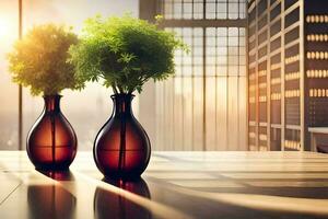 two vases with plants sitting on a table. AI-Generated photo