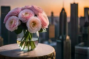 pink roses in a vase on a wooden table with cityscape in the background. AI-Generated photo