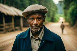 a man in a hat stands on a dirt road. AI-Generated photo