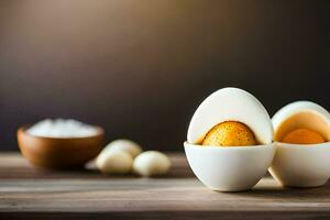 two eggs in an egg shell on a wooden table. AI-Generated photo