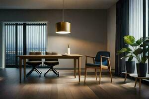 un comida habitación con un mesa y sillas. generado por ai foto