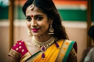 a beautiful indian bride in a yellow sari. AI-Generated photo