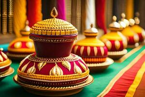 a row of colorful pots on a table. AI-Generated photo