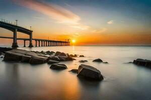 a long exposure photograph of a bridge over the ocean. AI-Generated photo