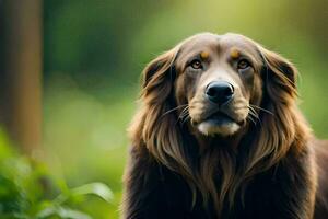 a dog with long hair standing in the grass. AI-Generated photo