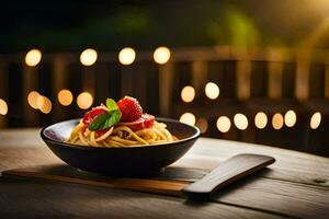a bowl of pasta with strawberries and basil on a wooden table. AI-Generated photo