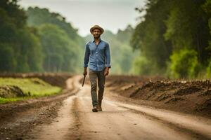 a man walking down a dirt road with a stick. AI-Generated photo