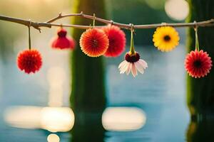 vistoso flores colgando desde un rama terminado agua. generado por ai foto