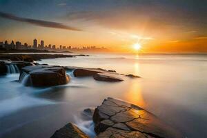 the sun rises over the city skyline in sydney. AI-Generated photo