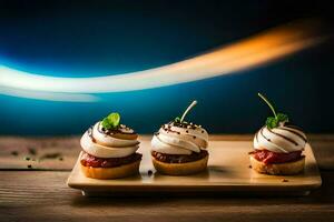 three mini desserts on a wooden tray. AI-Generated photo