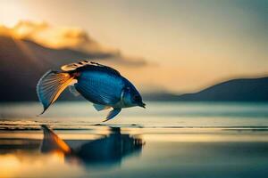 un pescado es saltando fuera de el agua a puesta de sol. generado por ai foto