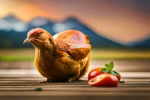 un pollo es en pie en un de madera cubierta con Tomates. generado por ai foto