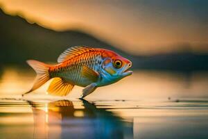 un pescado es caminando en el agua a puesta de sol. generado por ai foto