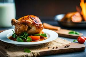 a chicken breast on a plate with vegetables and a glass of milk. AI-Generated photo