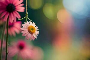 pink flowers hanging from a string in front of a blurred background. AI-Generated photo