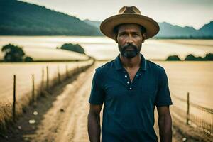 a man in a hat standing in a field. AI-Generated photo