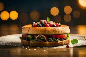 a sandwich with berries and meat on a wooden table. AI-Generated photo