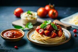 spaghetti with tomatoes and basil leaves on a plate. AI-Generated photo