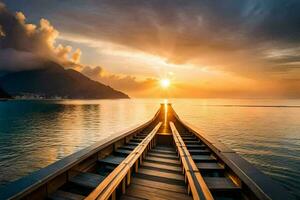 a wooden dock with a sunset in the background. AI-Generated photo