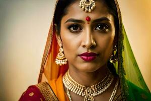 un hermosa indio mujer vistiendo tradicional joyas. generado por ai foto