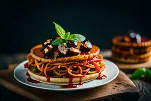 a plate with spaghetti and meat on it. AI-Generated photo