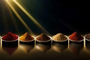 a row of different spices in bowls. AI-Generated photo