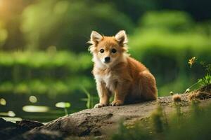 photo wallpaper the sun, dog, nature, water, grass, puppy, puppy dog, puppy. AI-Generated